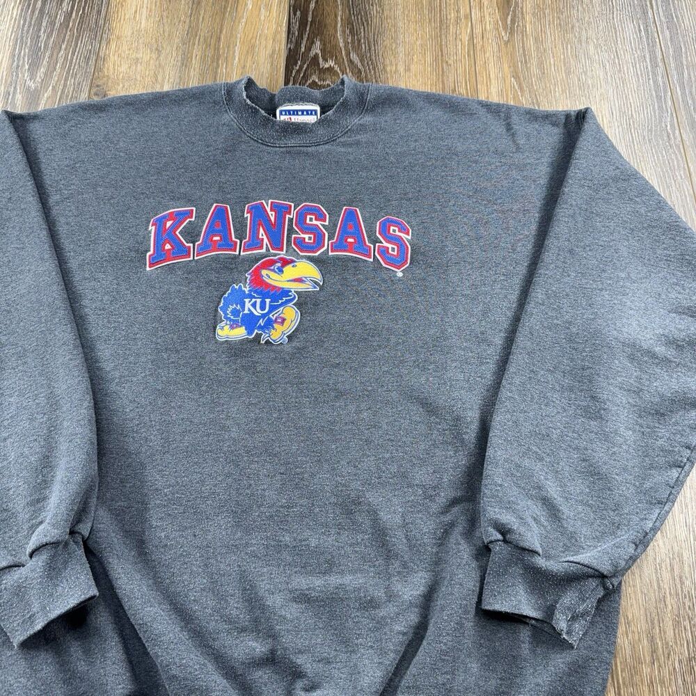 Vintage Kansas Jayhawks Sweatshirt Mens XL Gray Student Team Crewneck Sweater